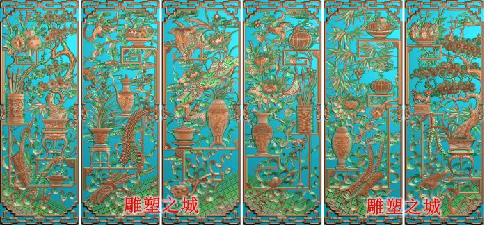 精雕图 灰度图 浮雕图 琴棋书画梅兰竹菊博古花瓶镂空挂屏