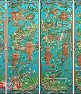精雕图 灰度图 浮雕图 琴棋书画梅兰竹菊博古花瓶镂空挂屏