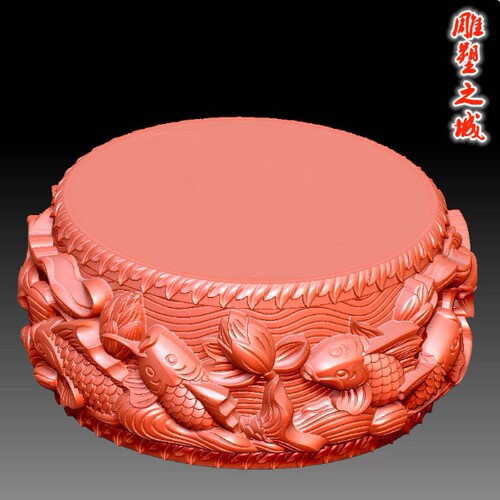 三维立体图3D打印雕刻图stl圆雕图    9475鲤鱼波浪石墩石鼓