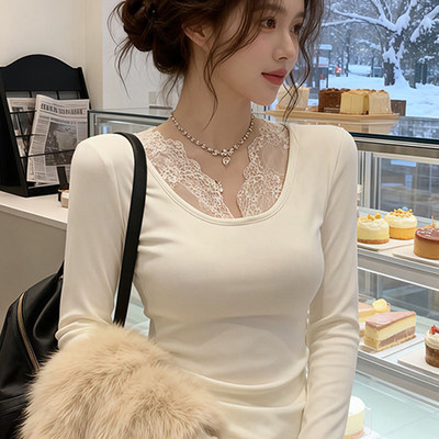 大码德绒蕾丝显瘦长袖打底T恤