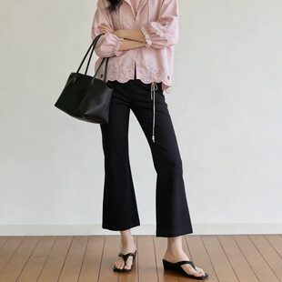 子女夏季 直筒休闲阔腿裤 薄款 七分八分九分裤 显瘦大码 黑色微喇叭裤