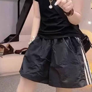 大码三条杠冰丝速干防晒阔腿短裤子女夏季薄款显瘦休闲热裤运动裤