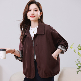 休闲短外套女春秋2026新款早春上衣大码宽松中年妈妈格子撞色夹克