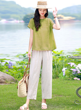 休闲苎麻套装女2026新款夏天穿搭一整套巨好看独特漂亮夏装两件套