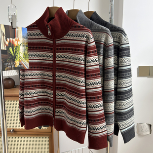 复古费尔岛提花撞色拉链针织开衫女2026早春新款春秋加厚毛衣外套