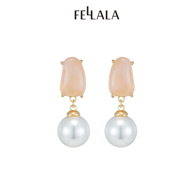 Fellala翡拉拉时尚玉石耳环女复古简约珍珠耳饰小众设计感首饰潮