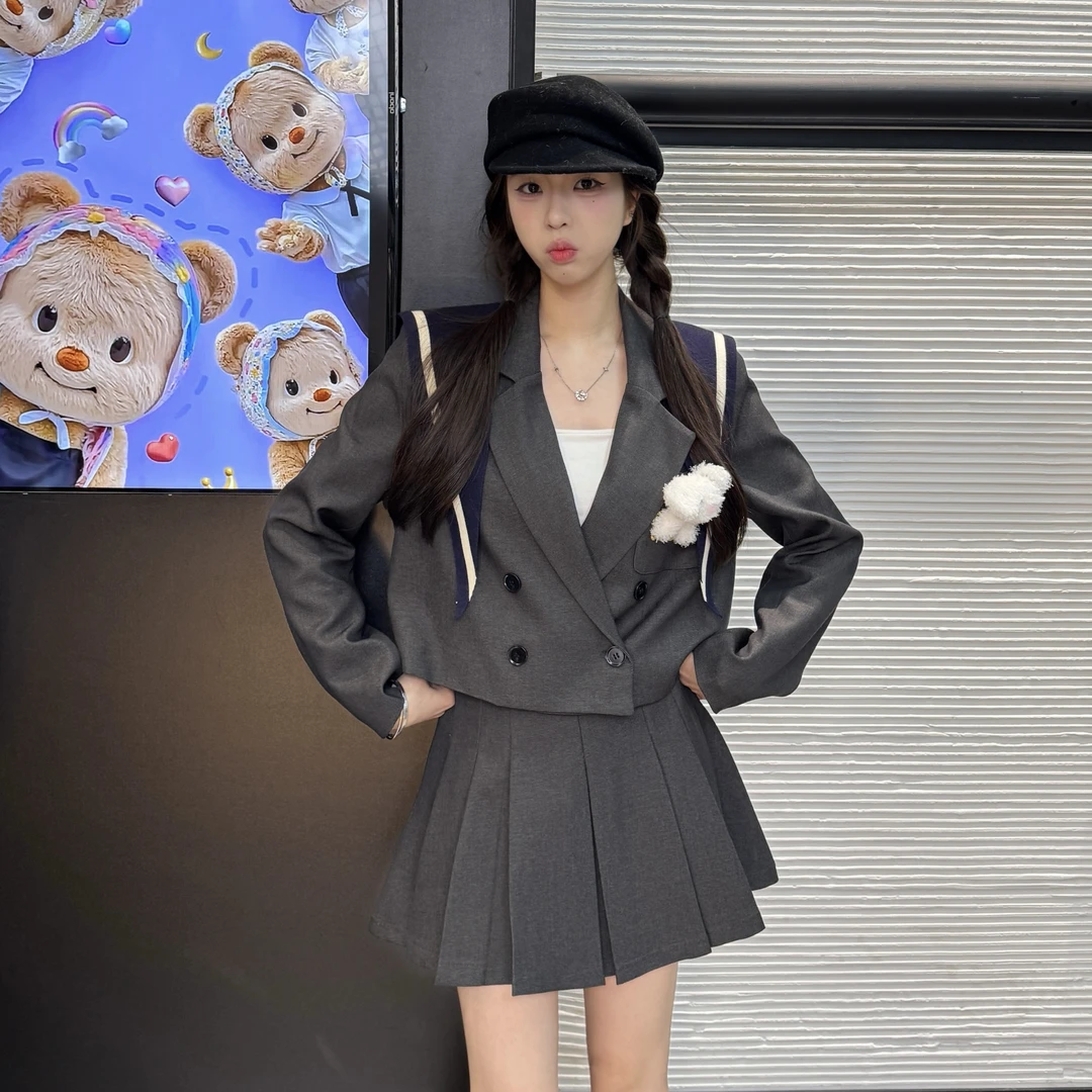 学院风海军领制服外套+高腰百褶
