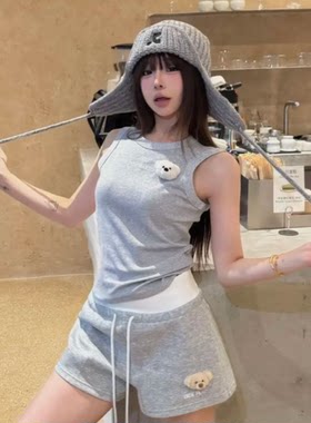 《000》韩版新款休闲百搭修身背心抽绳高腰短裤 196