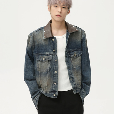 LFCPLJF复古做旧牛仔外套男宽松拼接铆钉装饰潮流夹克青年