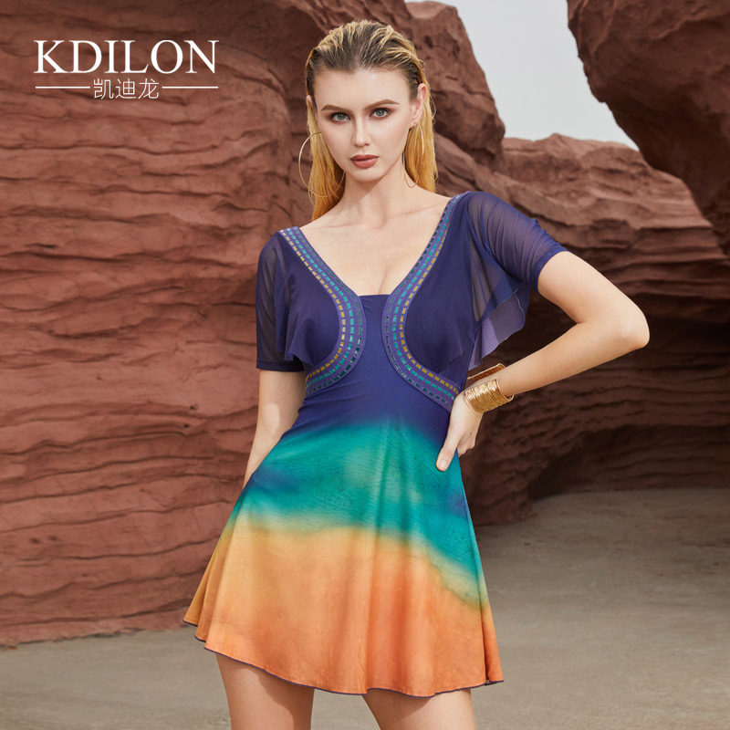 凯迪龙新连体大裙式温泉游泳衣女性感防晒撞色保守遮肚显瘦平角装