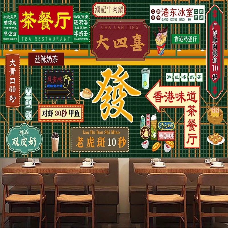 港式茶餐厅背景墙贴画香港街景港风饭店墙面装饰怀旧贴纸自粘壁画