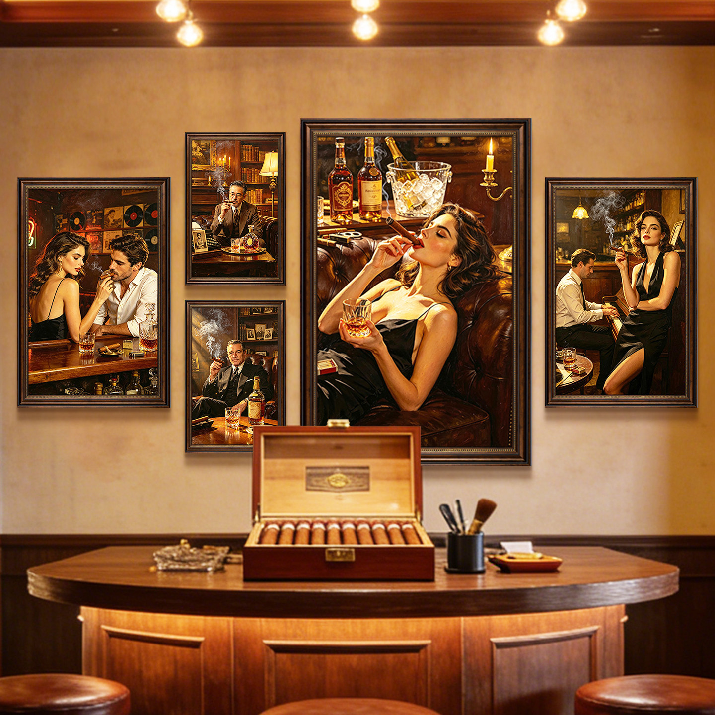 美式复古油画风装饰画雪茄吧酒吧会所酒店挂画美女怀旧艺术壁画