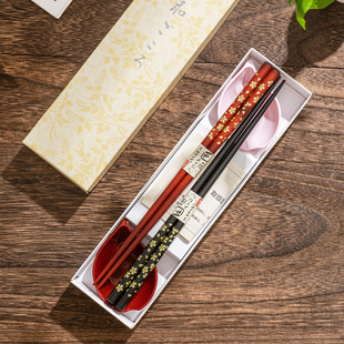 结婚送礼 日本进口前重漆器樱花防滑筷子筷架筷托家用夫妻对筷套装