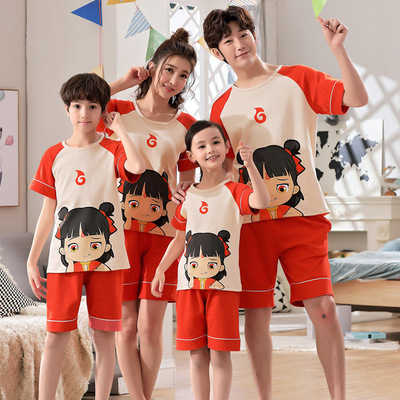 亲子装纯棉睡衣中国风卡通2025新款夏母女母子一家三口短袖家居服