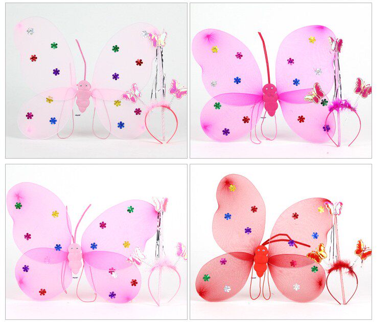 더블 레이어 4등 더블 레이어 나비 날개 나비 뒷면에 가벼운 와이어가 접착된 3피스 세트 인기 판매 스팽글 천사 날개