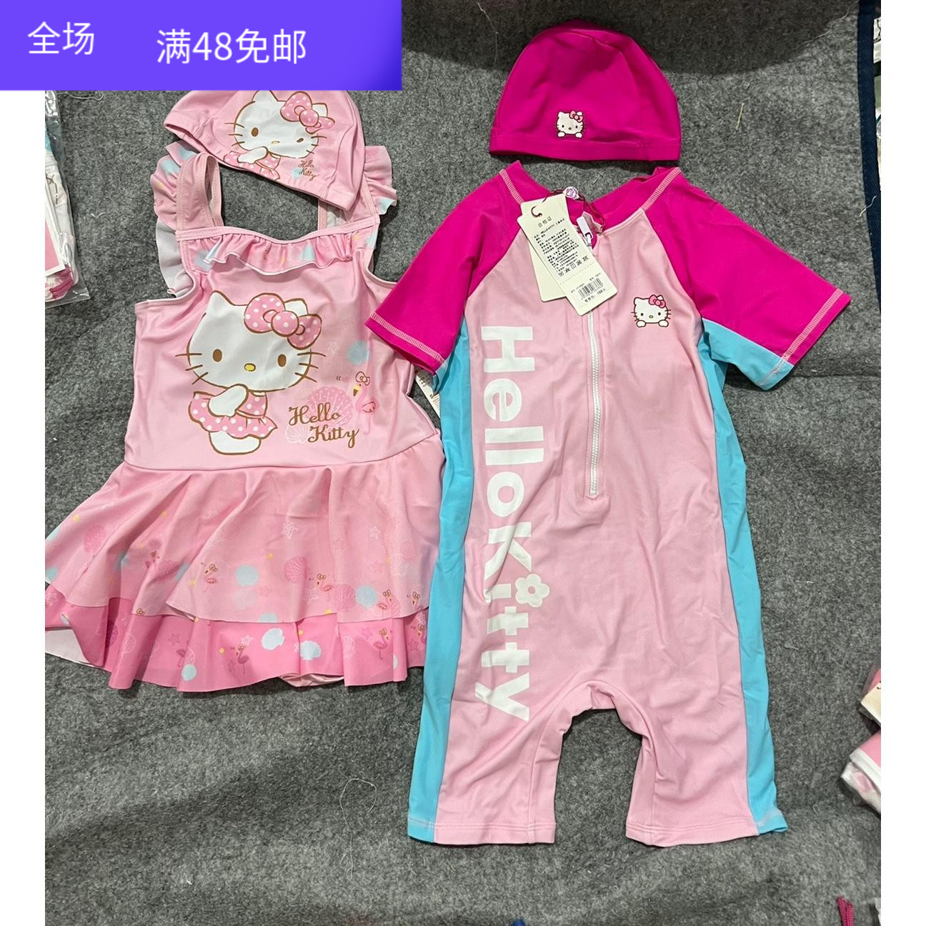 外贸原单夏季儿童可爱卡通连体泳衣女童泳装配泳帽两件套