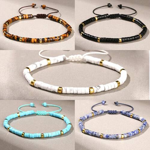 Natural Stone Tiger Eye Turquoise Flat Bead Woven Bracelets