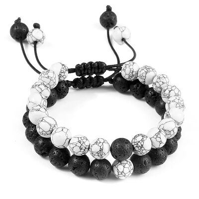 Braided Rope Couple Set Bracelet Black White Beaded Natural