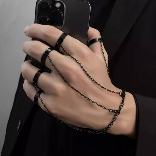 Punk Geometric Black Color Chain Wrist Bracelet Ring For