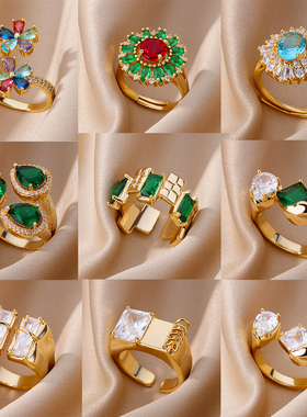 Green Zircon Water Drop Flower Rings for Women Open