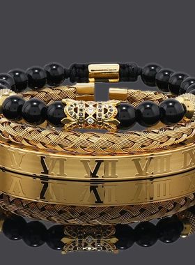 Luxury Black Stone Handmade Beaded Man Bracelet Roman