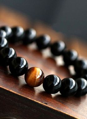 Natural Black Onyx with Tiger eye Stone Beads Bracelets Men