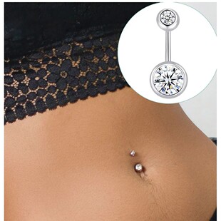 Button Belly Gem Crystal Stainless Steel Rings Double