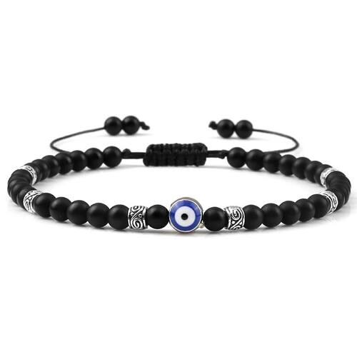 Evil Eye Bracelet 4mm Natural Black Matte Lava Stone Beads