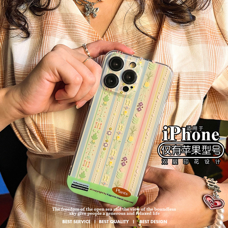 新款15原创双层印花甜软妹风iphone14promax透明手机壳苹果13promax高级感清新小碎花唯美仙女全包镜头少