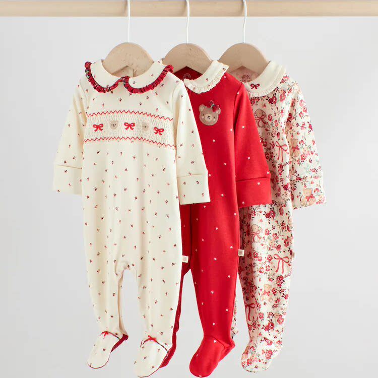 现货英国Next童装新生婴儿女宝红色小熊新年娃娃领长袖连体衣爬服