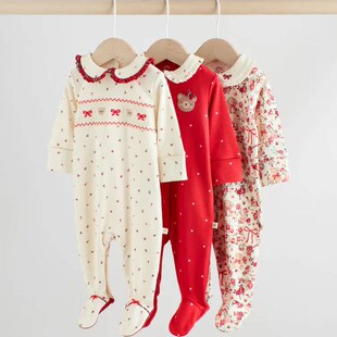 现货英国Next童装新生婴儿女宝红色小熊新年娃娃领长袖连体衣爬服