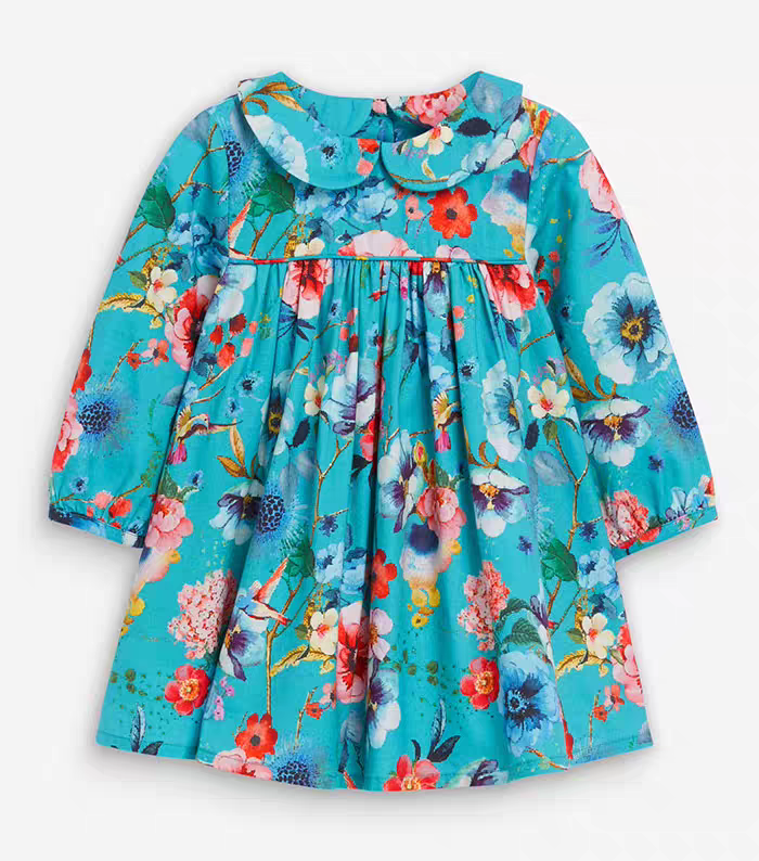 现货英国NEXT正品童装婴幼儿蓝绿色花卉长袖连衣裙子洋装公主裙