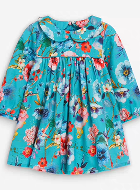 现货英国NEXT正品童装婴幼儿蓝绿色花卉长袖连衣裙子洋装公主裙