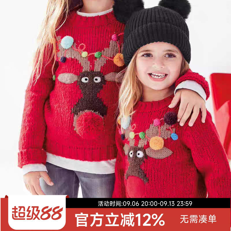 现货清仓英国Next童装正品女童宝宝红色圣诞毛衣新年麋鹿针织衫