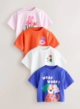英国Next童装26夏女童女宝宝兔子印花纯棉短袖T恤衫儿童卡通上衣