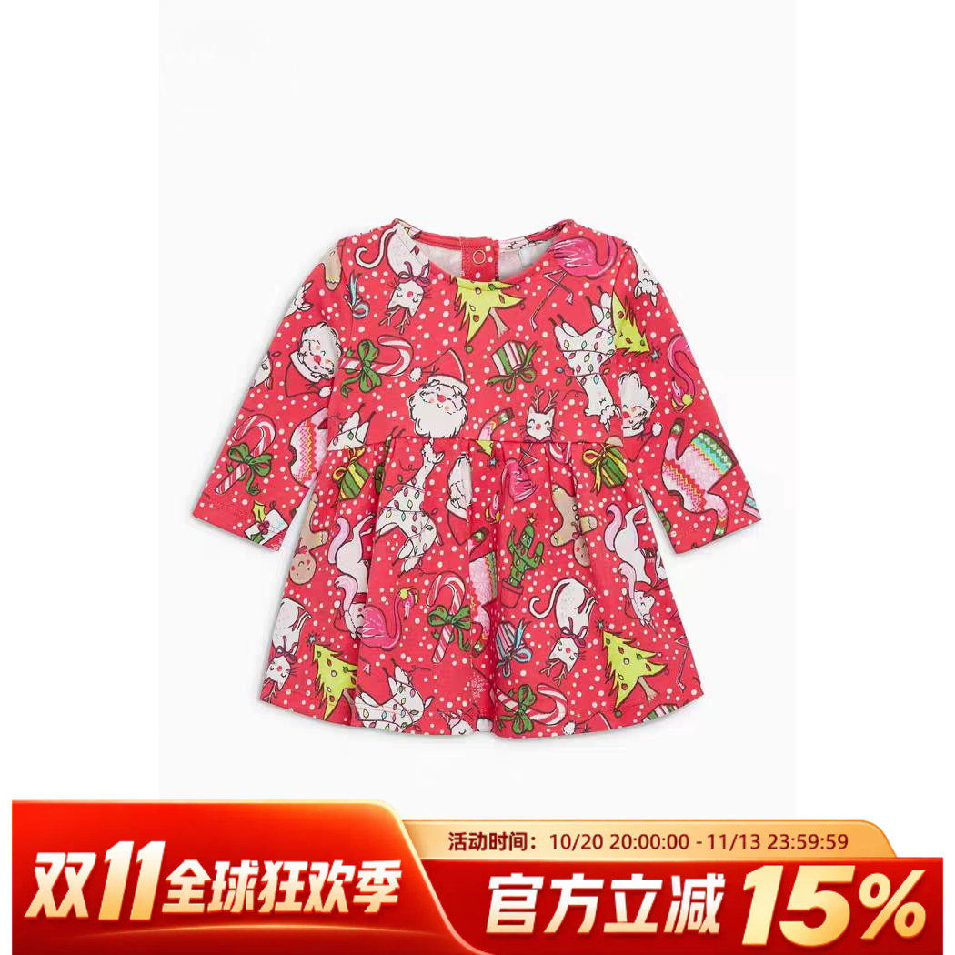 现货英国next女宝宝全棉百日长袖连衣裙公主裙圣诞老人红色连衣裙
