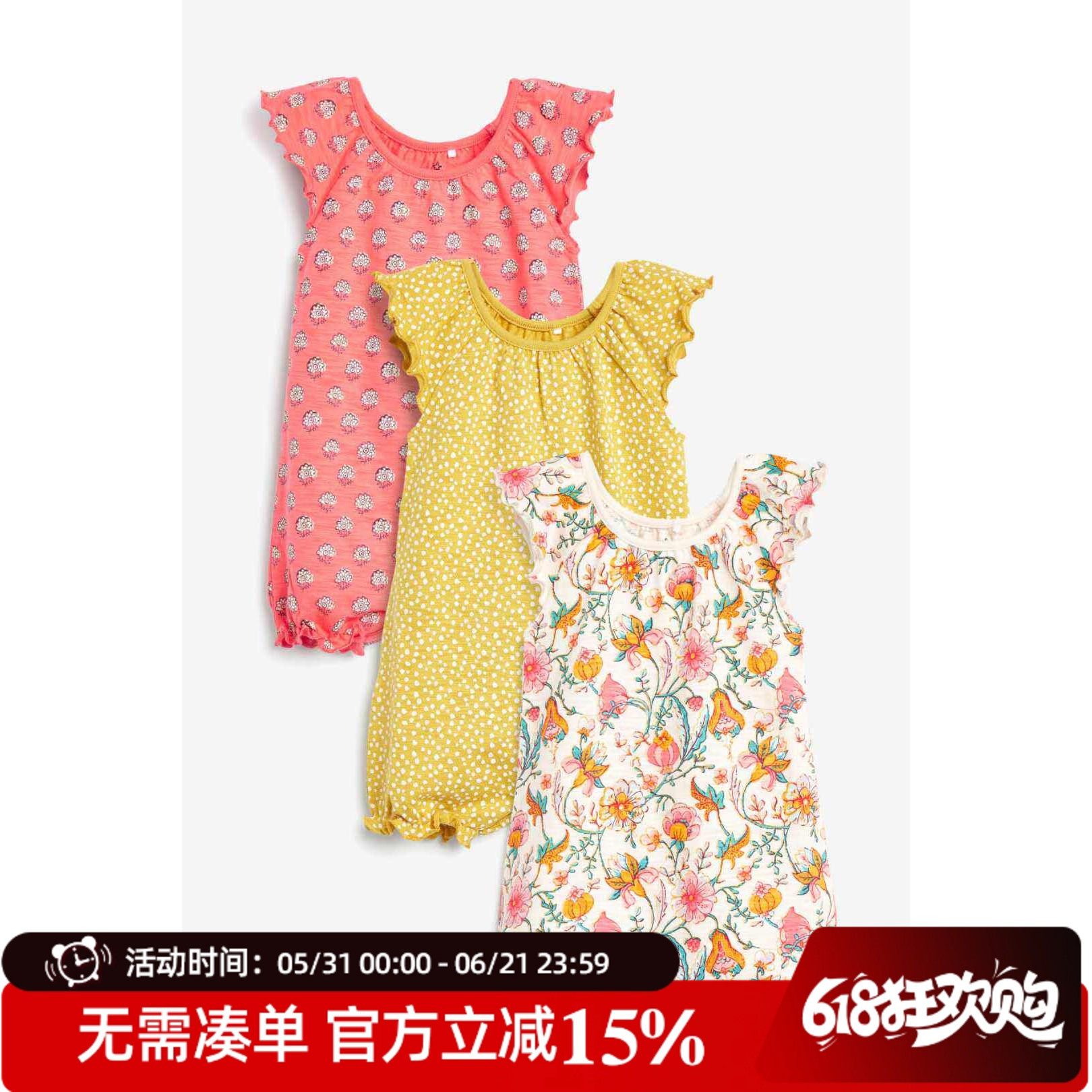 现货NEXT童装女宝宝珊瑚红黄色花卉点点纯棉短袖连体衣爬服