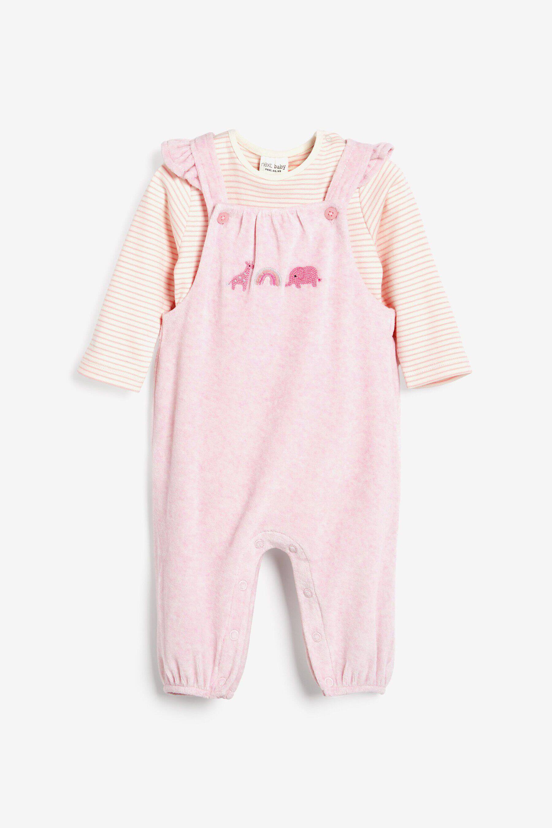 现货英国next女宝宝粉色卡通长袖包屁哈衣婴儿丝绒吊带背带裤套装