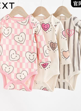现货英国进口NEXT婴幼儿女宝宝卡通爱心纯棉长袖包屁衣三角哈衣