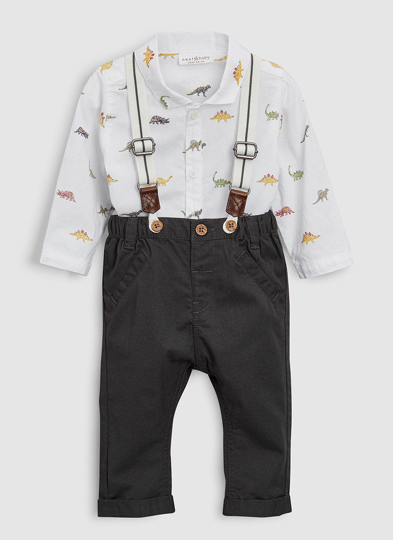 现货英国next男宝宝男童背带裤包屁衣三件套小恐龙礼服生日套装