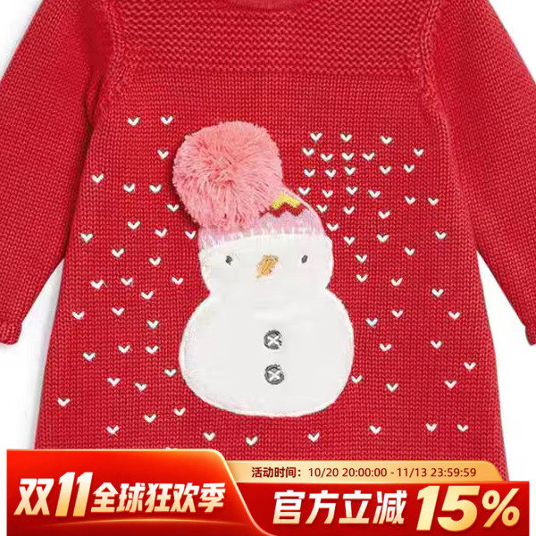 现货英国Next女童女宝圣诞雪人红色针织连衣裙毛衣裙新年长款毛衣