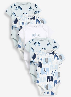 现货英国NEXT童装夏薄男宝宝蓝色小象印花纯棉短袖包屁衣婴儿哈衣