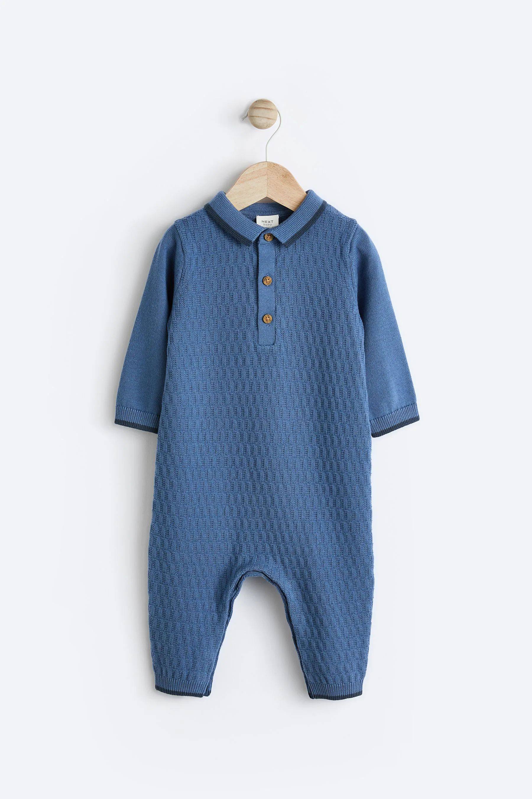 现货英国NEXT童装秋新生婴儿男宝宝纯棉polo领针织爬服连体衣毛衣