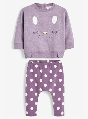 现货英国NEXT童装春秋新女童女宝紫色可爱动物印花卫衣打底裤套装