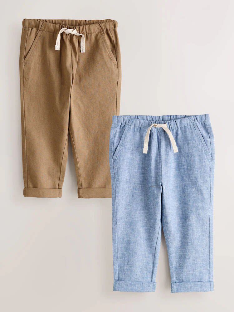 英国Next童装男童男宝宝26春新款蓝色松紧腰亚麻休闲裤百搭长裤子