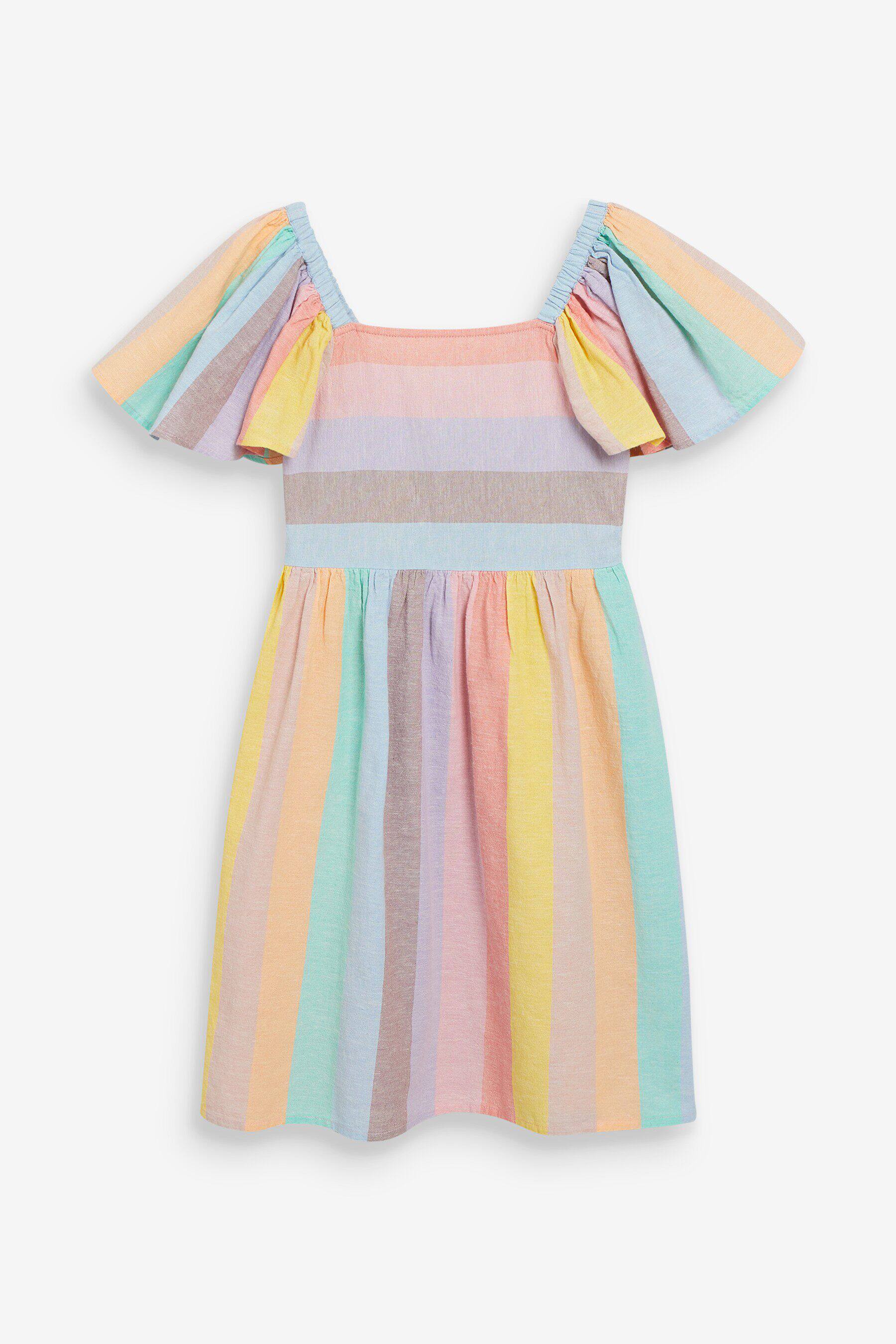 现货英国next亲子装夏新女童大女孩甜美彩虹条纹露腰连衣裙子洋装