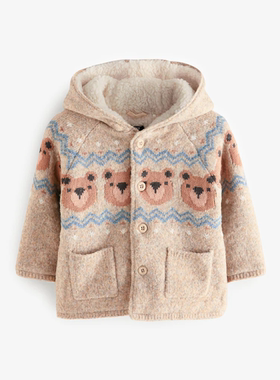 现货英国Next童装秋冬男童宝宝小熊连帽加绒保暖针织开衫毛衣外套