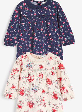 现货英国NEXT正品童装春秋女宝宝海军蓝花卉长袖T恤娃娃衫上衣2件