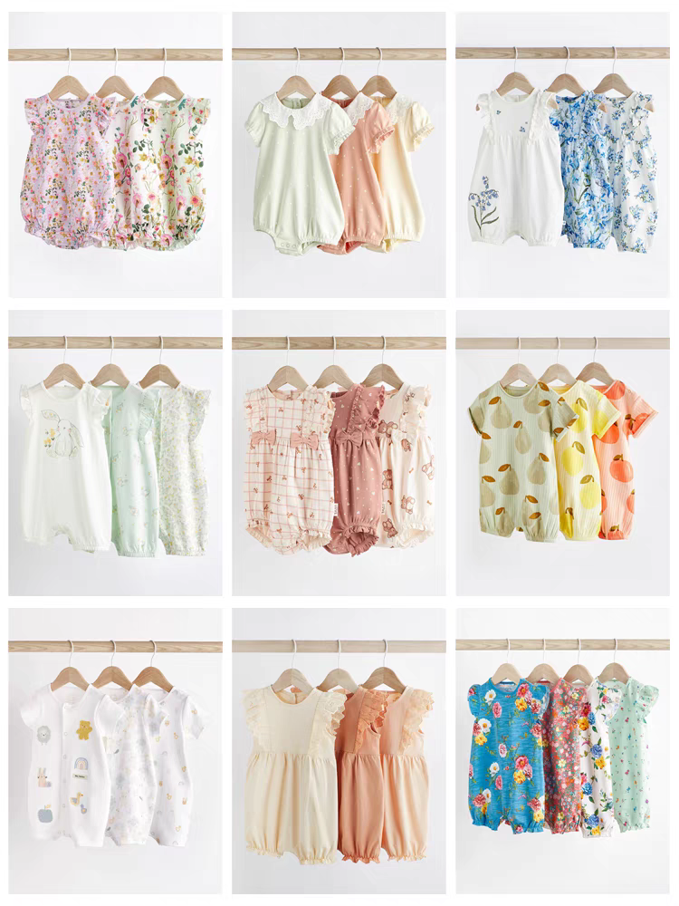 现货英国next童装新款婴儿女宝宝纯棉短袖连体衣连身短裤爬服3件