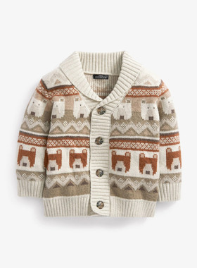 现货英国next童装秋冬男童小熊费尔岛翻领纽扣开衫毛衣针织衫